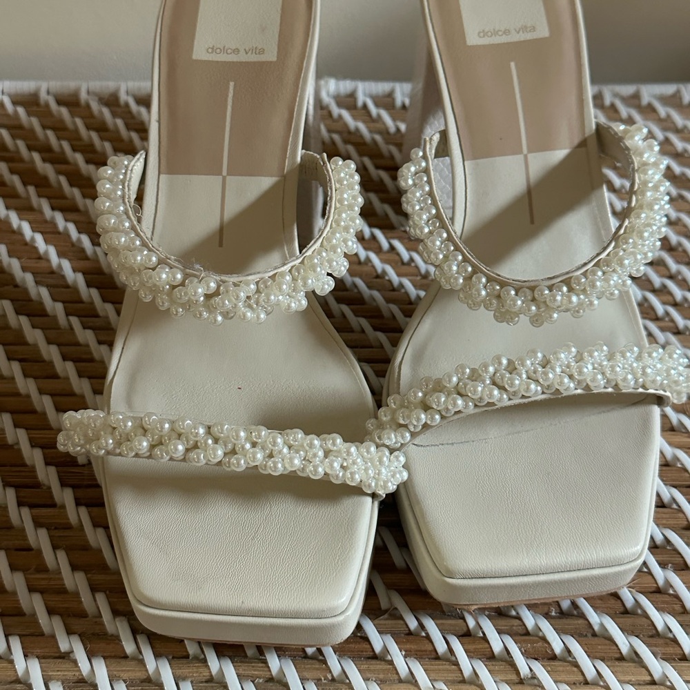 Dolce Vita White Pearl-Adorned Heels